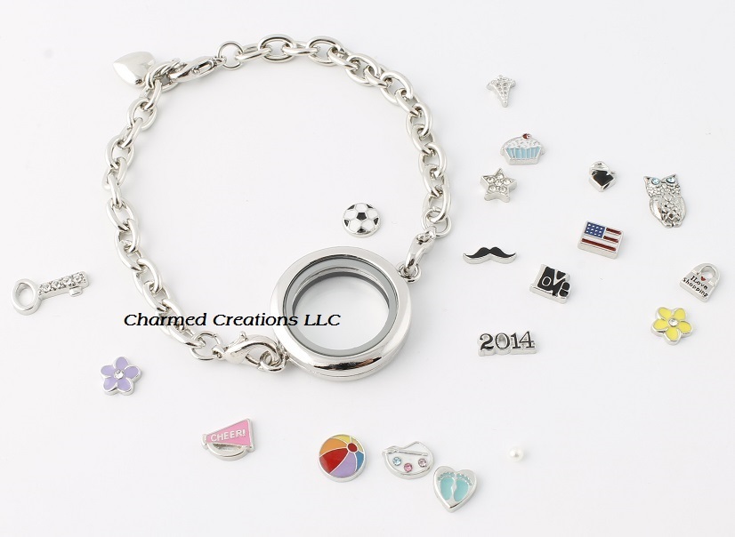 Floating Charm Memory Locket Chain Link Bracelet 25mm Mini Plain Silver Round gallery