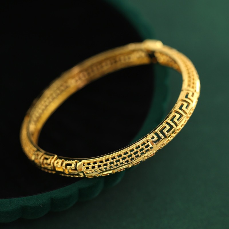 18K YELLOW GOLD FILLED 8MM Matte GREEK KEY BAND 60MM WOMEN SOLID BANGLE BRACELET gallery