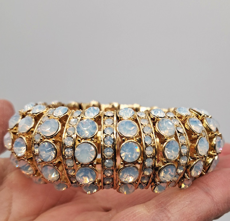 Gold Tone Faux Opal Cabochon Stretch Bangle Bracelet Blingy Statement Art Deco gallery