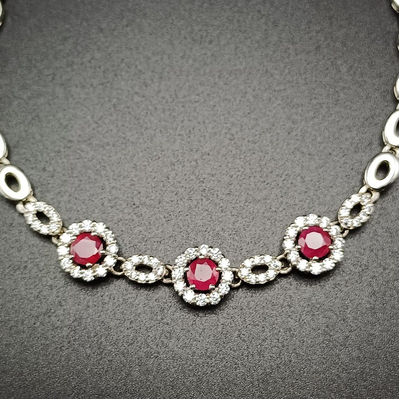 Genuine 925 Sterling Silver Brilliant Red Ruby CZ Statement Bracelet 7.5" Adj gallery