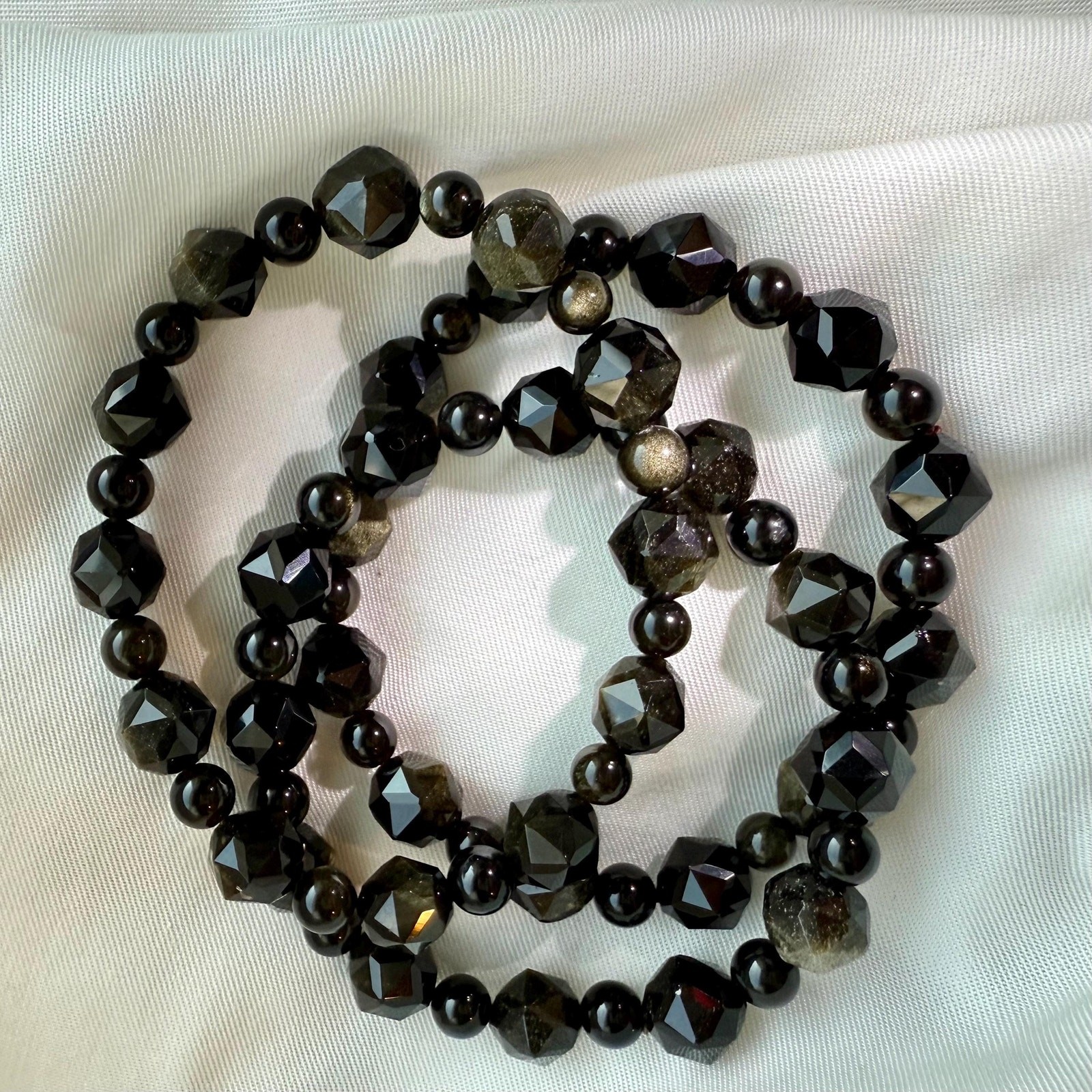 Golden Sheen Obsidian Bracelet | Faceted Geometric Beads | Stretch Bracelet gallery