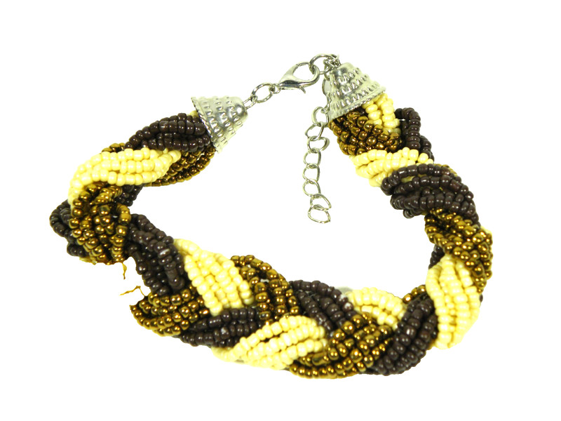 Boho Beaded Bracelet Brown Cream Bronze Braided Adjustable Silver Tone gallery