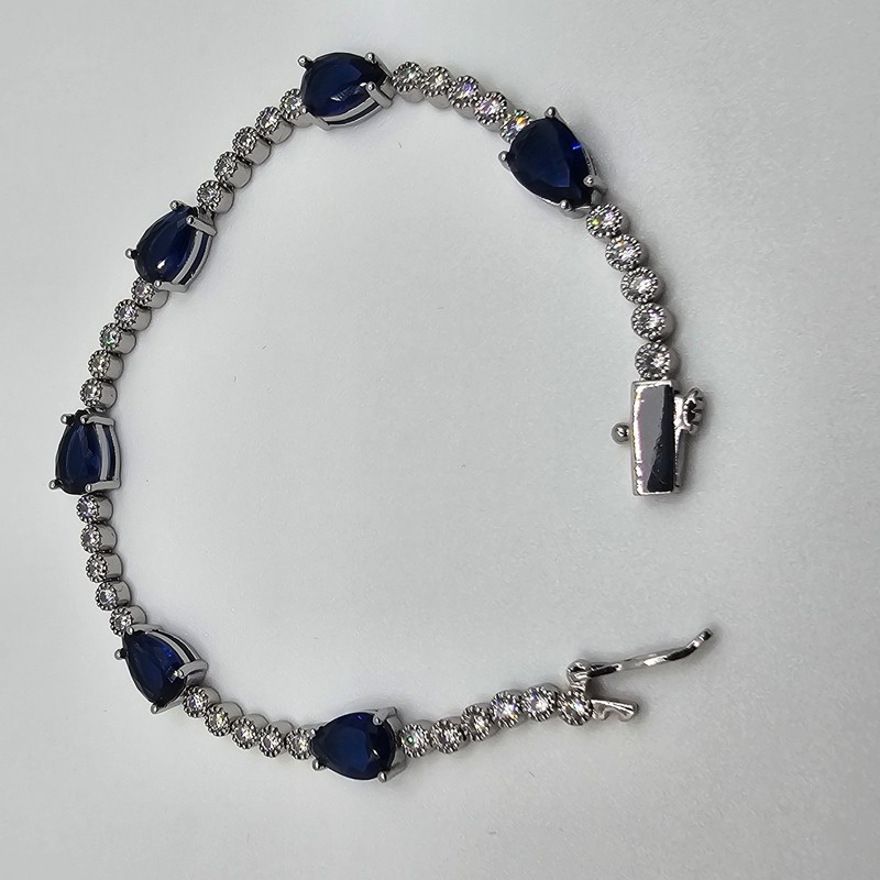 Rachel Glauber Tennis Bracelet Women Pear Blue Sapphire White Gold Plated 7in gallery