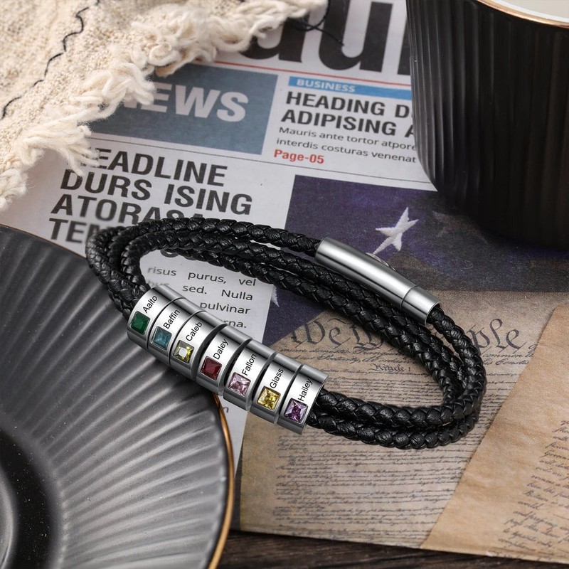 Personalized Birthstone Bracelet, Leather bracelet for Men, Custom Beaded gallery