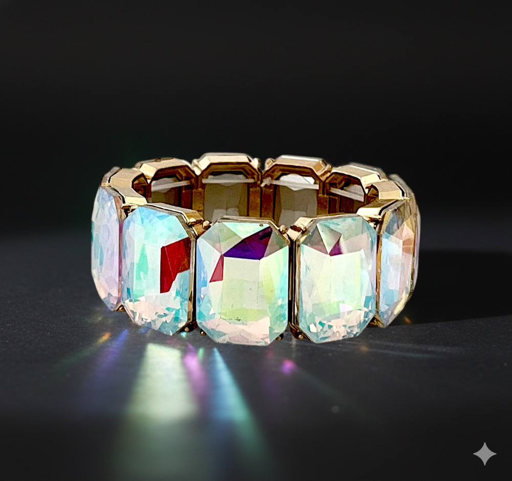 1" Wide Statement Chunky Stretchable Evening Bracelet Aurora Borealis Crystals