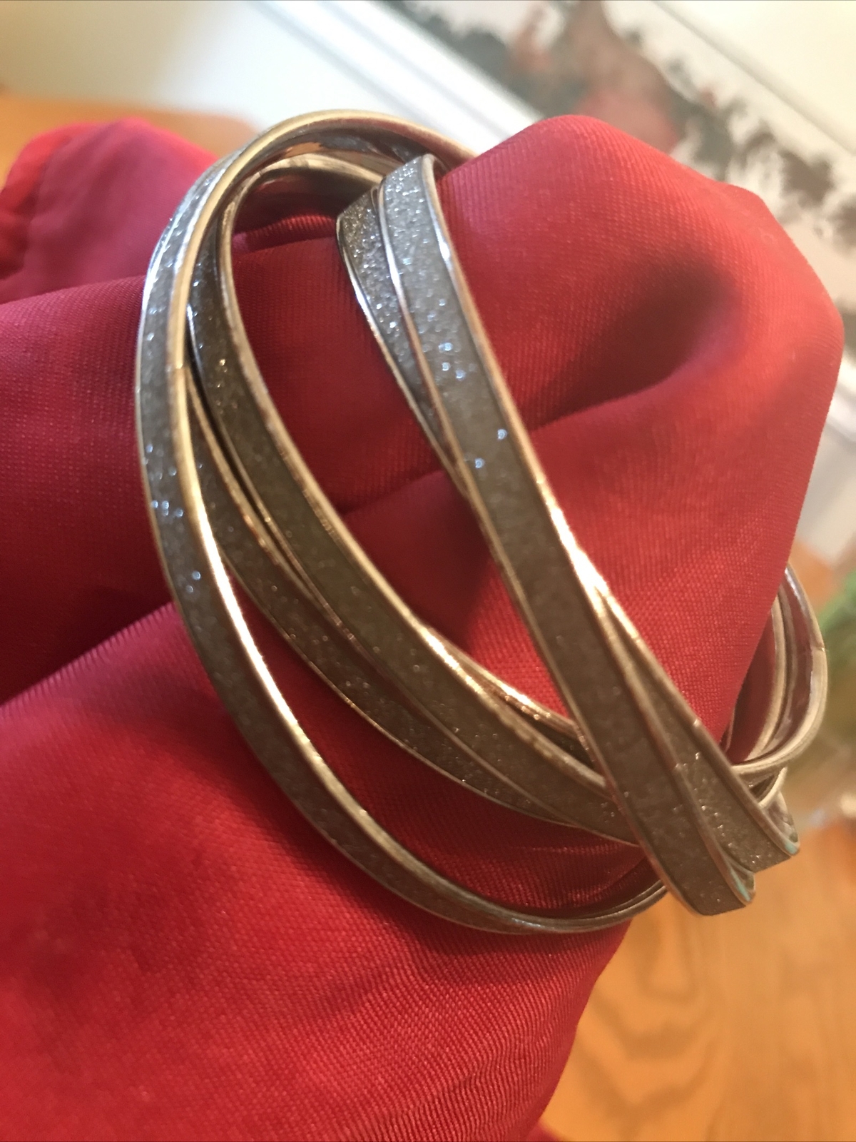 6 Dangle Bracelets Silver Tone Glittery Copper Trim Adult Size Intertwined gallery