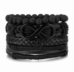Black Leather Beaded Braided Adjustable Infinity Bracelet Set, 19.5cm-36cm
