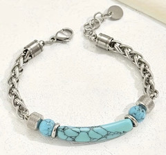 Silver Tone Rope Chain Bracelet Turquoise Round Beads Center Bar Lobster