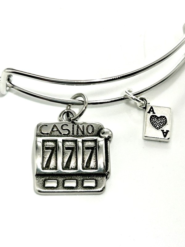 Casino 777 Slot Machine & Ace of Spades Card Gambling Silver Charm Bracelet gallery
