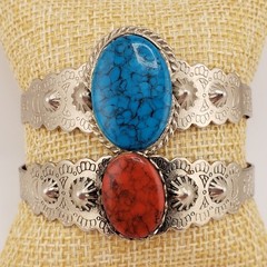 Silver Tone Cuff Bracelets 2 Southwest Style Red Blue Dyed Stones Bezels Boho