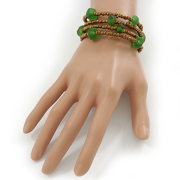 Multistrand Bronze/ Green Glass Bead Flex Bracelet - Adjustable gallery