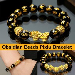 Feng Shui Obsidian Stone Beads Bracelet Wristband Gold Pixiu Wealth Good Luck