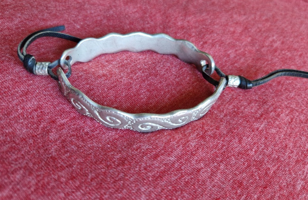Celtic Style Pewter 2 Piece Bangle, Spiral Design, Leather Fastenings