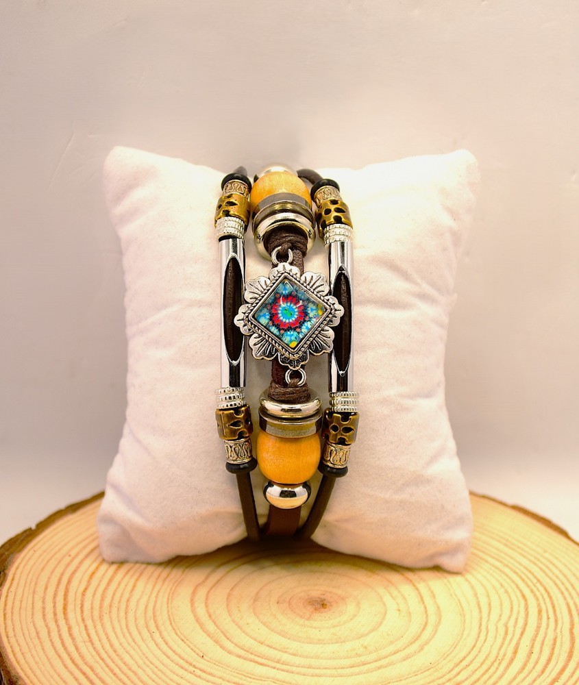 1pc Men's/Women's Painted glass Beaded Leather Bracelet Stainless Steel Buckle
