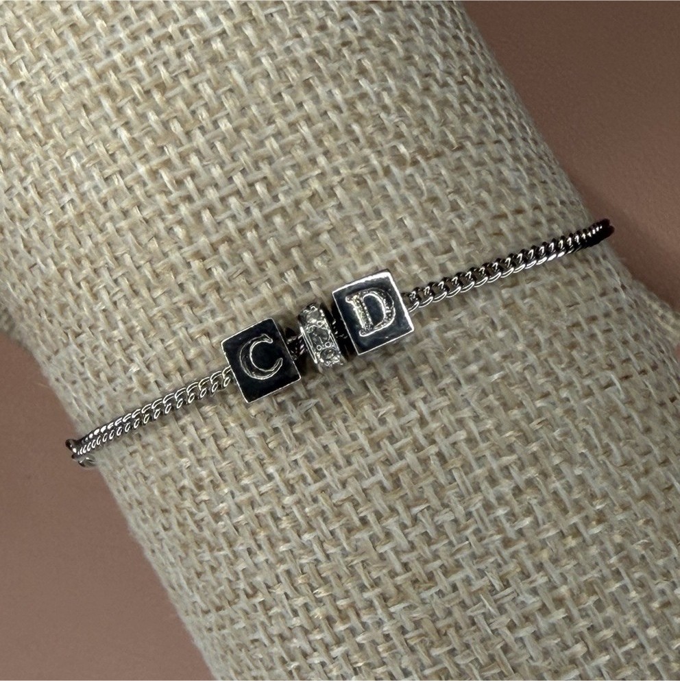 Vintage Christian Dior CD Cube Charm Bracelet Silver Tone Crystal Rhinestone 8" gallery