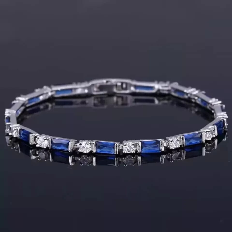 6 Ct Baguette Cut Simulated Blue Sapphire Tennis Bracelet 14K White Gold Plated gallery