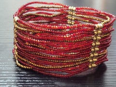Beautiful Wrap Cuff Bracelet Gold Red Clear Seed Beads 8 inch Stretch Boho