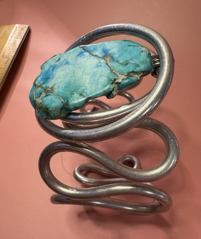 Adjustable Silver Tone Wire Cuff Bracelet w/ Blue Turquoise Stone, 3 in gallery