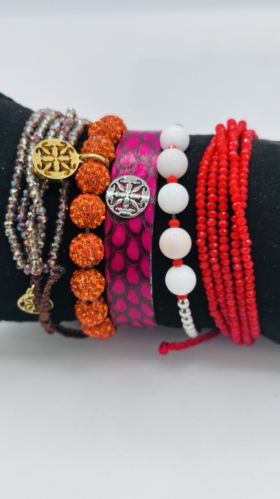 Rustic Cuff Fire & Ice Stack Bracelet Set Pink Cuff Crystal Beads + Pouch gallery