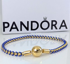New 100% Authentic PANDORA 14k Gold Blue Cord Box Chain Charm Bracelet 563816C02
