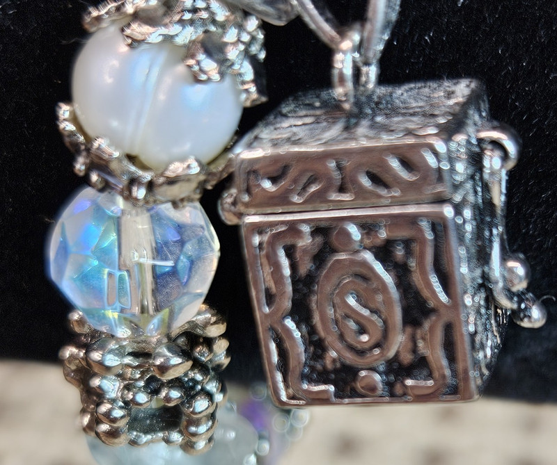 Sterling Silver Prayer Box Charm on Stretch Bracelet Light Blue & Clear Beads gallery