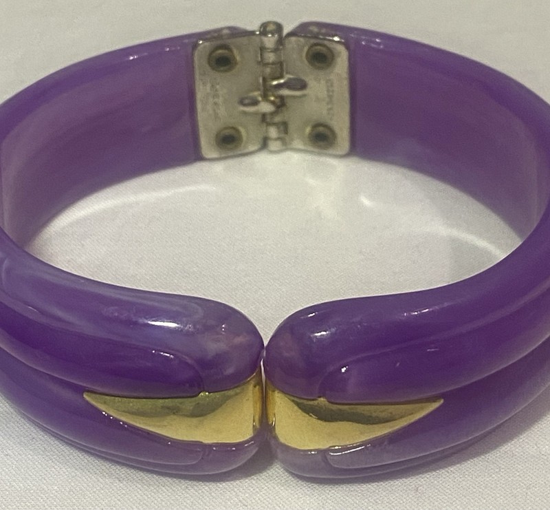 Vintage Lucite Bangle Bracelet Purple Gold Hinged Clamper Made in Hong Kong gallery