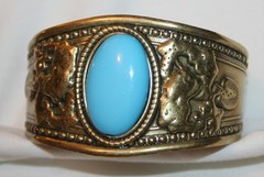 Striking Blue Oval Accent Branches & Leaves Brasstone Cuff Bracelet