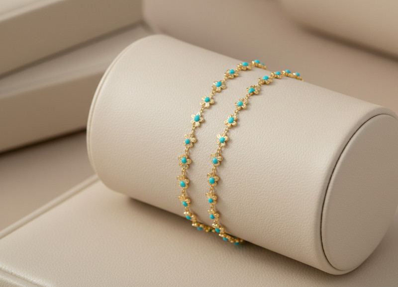 Boho Turquoise Floral Bracelet 18K Gold Plated Brass Flower Chain Charm gallery