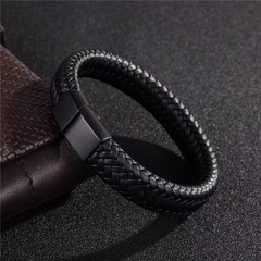 Black Bracelet Men’s Braided Leather Bangle Stainless Steel Cuff Wristband USA