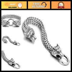 Men’s Stainless Steel Wolf Head Bracelet, Franco Link Curb Chain, Spring Ring Cl