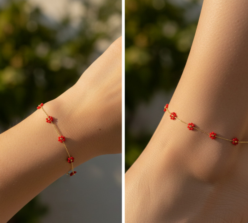 Boho Red Floral Charm Brass Bracelet Gold Tone Ruby Color CZ Stone Designer gallery