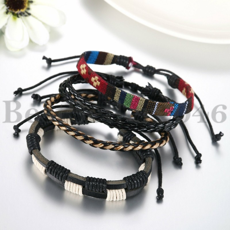 4PCS Men Women Leather Wrap Bracelet Braided Tribal Beaded Wristband Bangle Set gallery