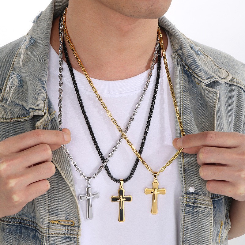 Men High Polished Stainless Steel Large Cross Solid Link Chain Necklace 5mm 26'' gallery