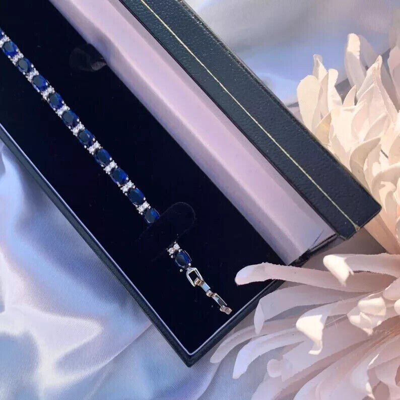 10Ct Oval Simulated Blue Sapphire Tennis Bracelet 14K White Gold Plated Silver gallery