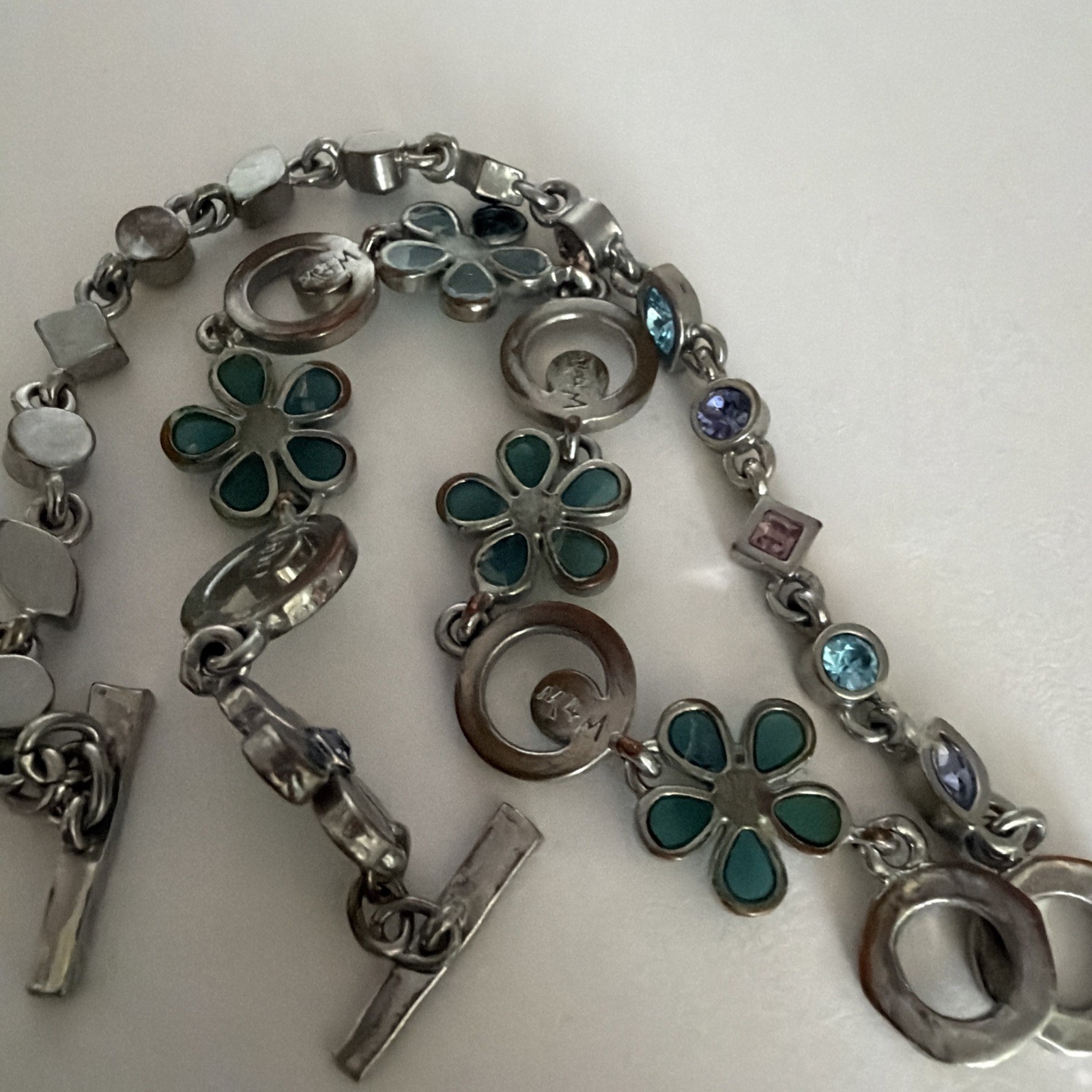 Set of two Women’s M4M Blue Rhinestone Flower Silver Toggle Bracelet 7 1/2 Inch gallery
