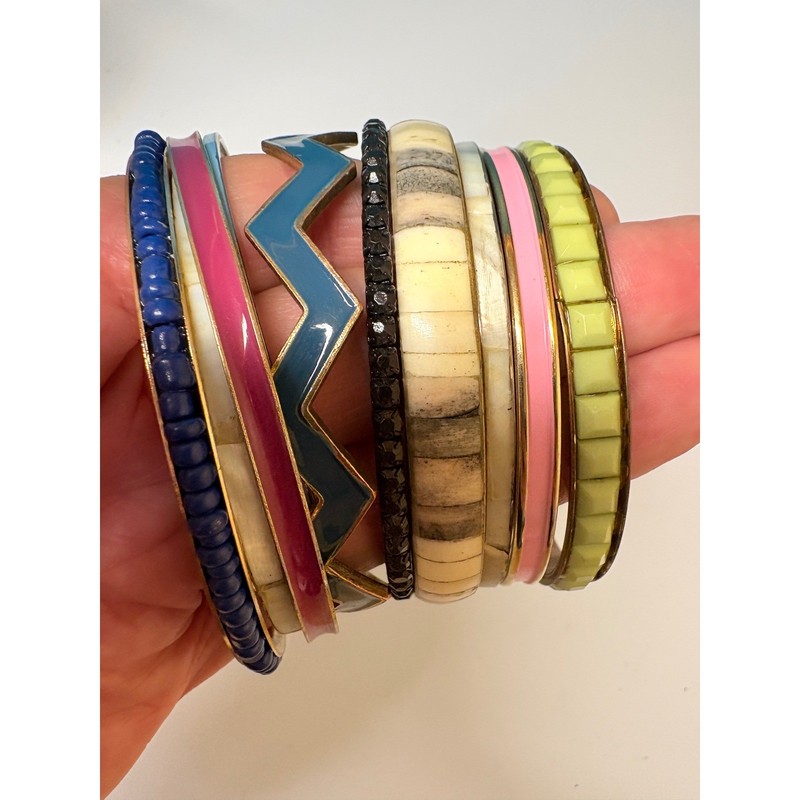 Vintage Mixed Bangle Bracelet Lot 10pc Enamel Chevron Beaded Rhinestone Multi gallery