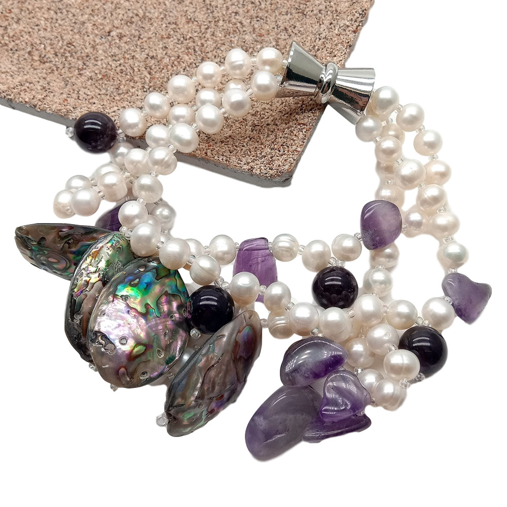 Female Jewelry 3 Rows Freshwater White Pearl Amethyst Abalone Shell Bracelet 8" gallery