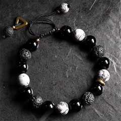 Black Obsidian Lava Rock Bracelet Stone Mindfulness Strength Beads Gift for Men