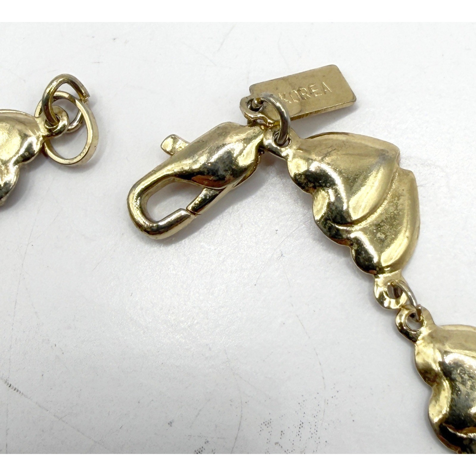 Gold Tone Double Heart Bracelet Rhinestone Made Korea 7.5" gallery