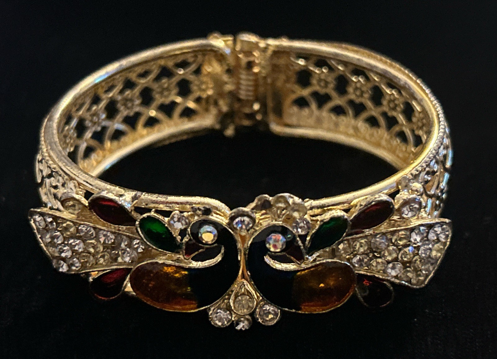 VTG Multicolor Crystal Rhinestone Peacock Flower Bangle Hinged Cuff Gold 2.25” gallery