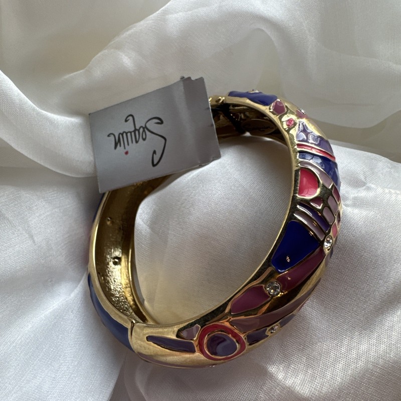 Sequin Brand Purple Pink Goldtone Rhinestone Enamel Bracelet 1" Wide Bangle NEW gallery