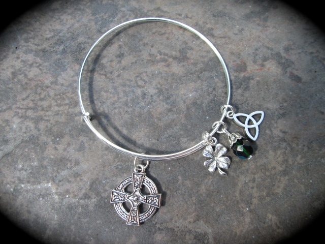 Celtic Cross Adjustable Bangle Bracelet with Celtic knot Shamrock charms Irish gallery