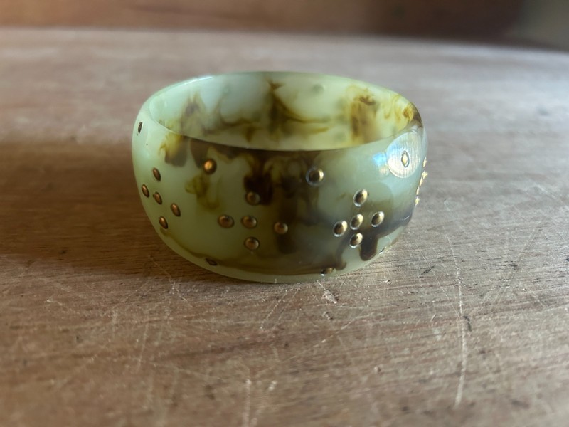 Faux Jade Plastic Bracelet Lot 2 Different 5/8 + 1-3/8 Green w/Brass Tone Accent gallery