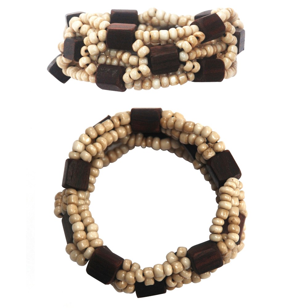 Beautiful Bone White10-Strand Elastic Bracelet Glass Dark Hard Wood Beads