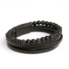 Men’s Layered Braided Leather Beaded Bracelet With Tiger Eye, Natural Stone.