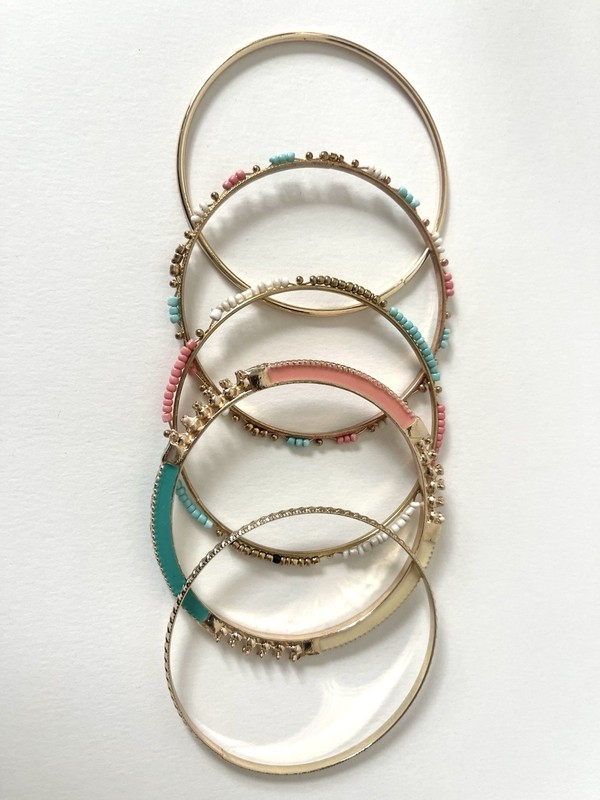 3” Gold/Coral Pink/Teal Aqua Bangle Bracelets, 8” in Diameter, 5PC, Set of 5 gallery