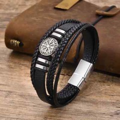 Men Multilayer Compass Braided Leather Stainless Steel Magnetic Bracelet Bangle