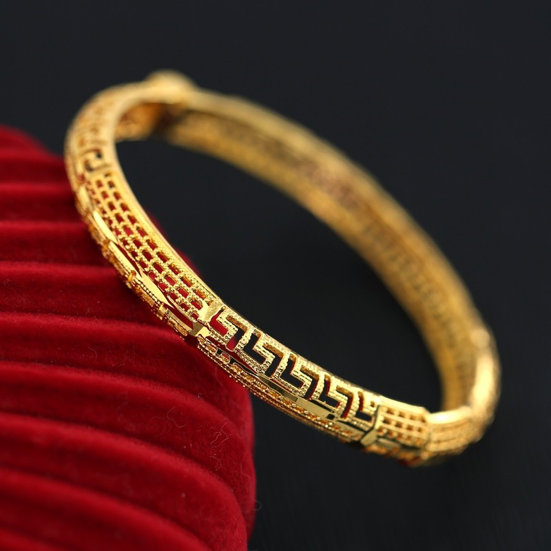 18K YELLOW GOLD FILLED 8MM Matte GREEK KEY BAND 60MM WOMEN SOLID BANGLE BRACELET gallery