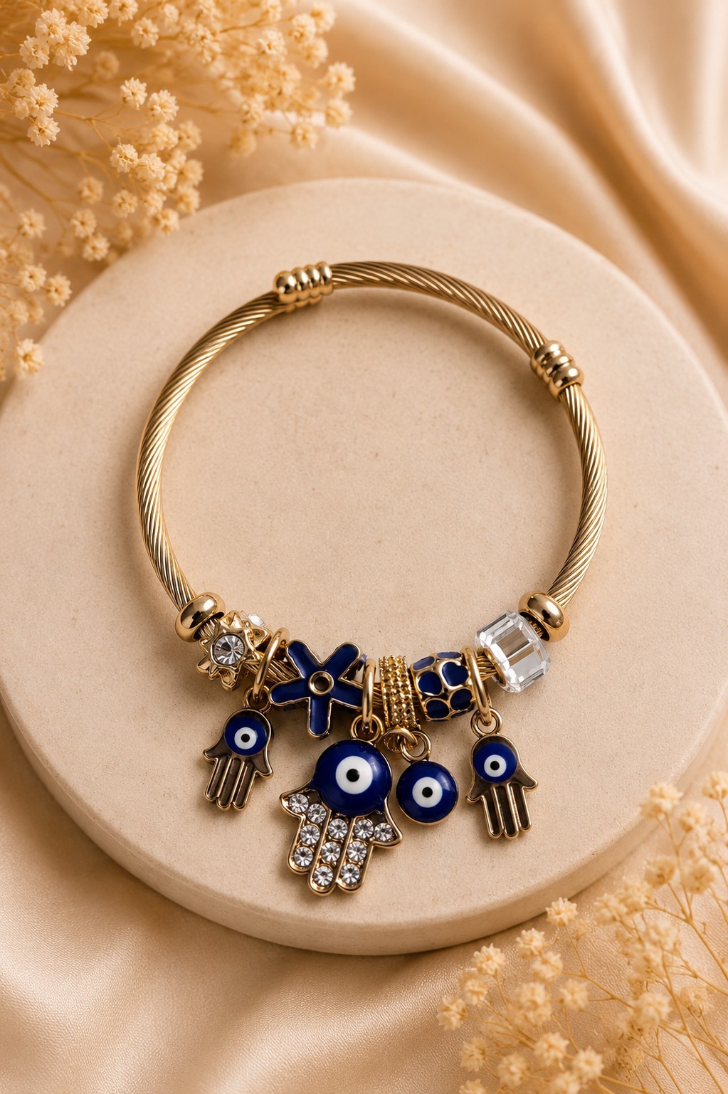 Gold Tone Charm Bangle Bracelet w/ Blue Evil Eye Hamsa Hand Dangle Charm gallery