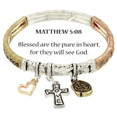 Statement Metal Bangle Bracelet Tri Tone Matthew 5:08 Blessed Pure Charm Cross
